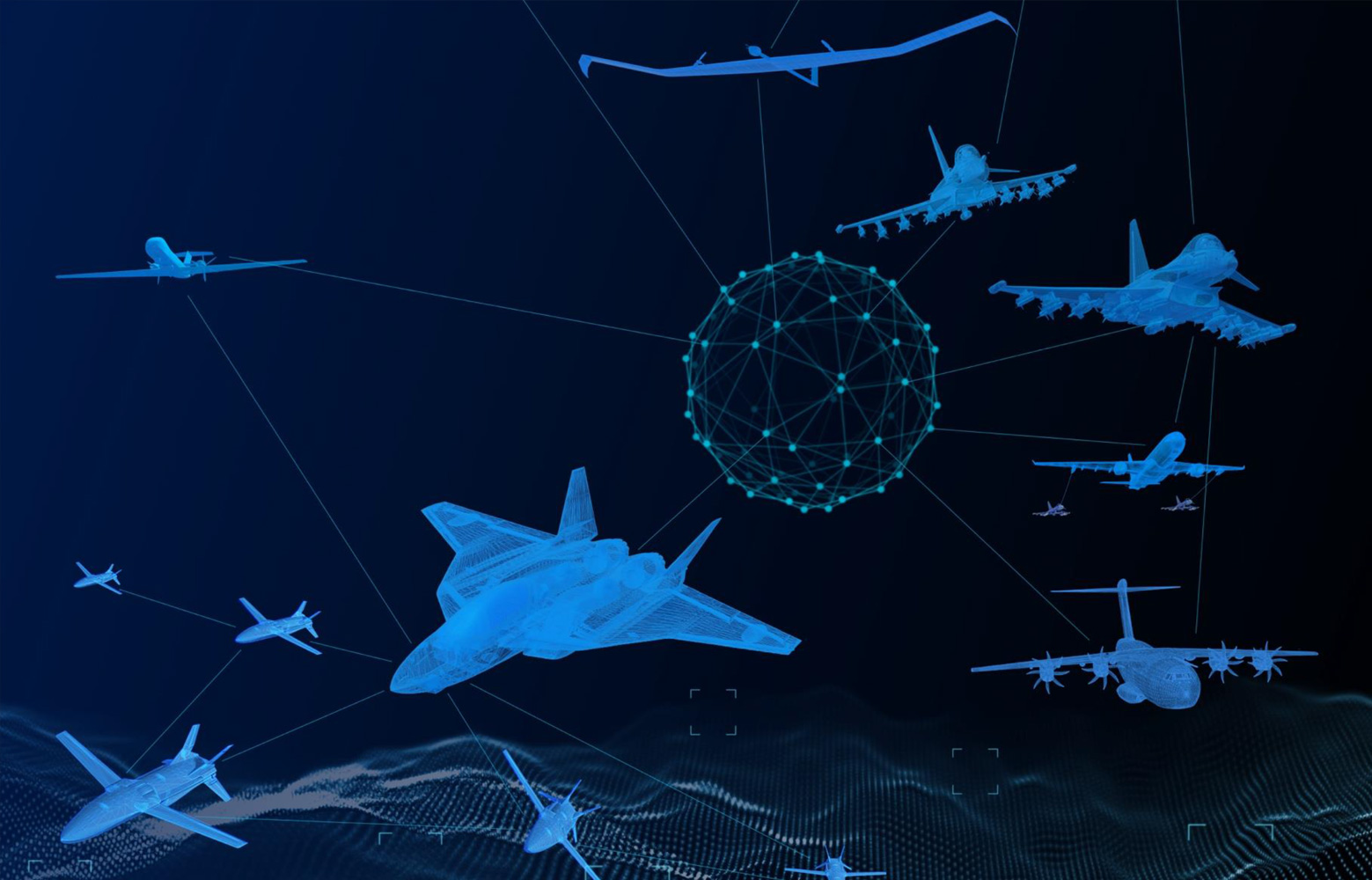 Illustrationen, die den Einsatz von künstlicher Intelligenz in Flugzeugen und Satelliten darstellt